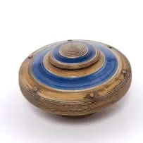 Peter Jaff, Brown and blue lidded vessel with ring and nodule decoration, glazed stoneware