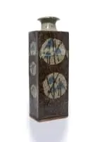 Tim Morris, Rectangular bottle shaped vase with plants and circular motif, reduction stoneware