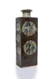 Tim Morris, Rectangular bottle shaped vase with plants and circular motif, reduction stoneware