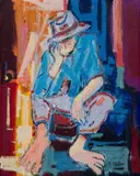 Ephraim Ngatane, Seated Figure with Hat, mixed media with acrylic on board