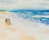Beach Scene with Horse Riders by Zakkie Eloff, watercolour on card, sold Oct 2025
