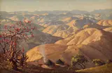 Nils Andersen, Extensive Landscape with Huts and Coral Tree, oil on board