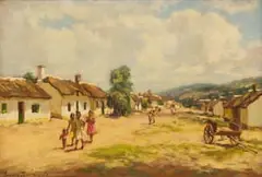 Ivanonia Roworth, Childen in between Cottages, 1956, oil on board
