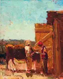 Adriaan Boshoff, Barn Door, Two Figures and Cattle, oil on canvas laid down on board