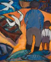 Marena (Kaffie) Pretorius, Figures, Fish and Gulls, oil on canvas laid down on board