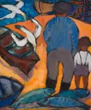 Marena (Kaffie) Pretorius, Figures, Fish and Gulls, oil on canvas laid down on board