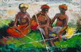 Three Pondos by Zakkie Eloff, 1987, oil on board, sold Oct 2025