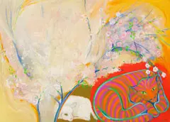 Marcella de Boom, Cat, Lamb and Blossoms, 1985, oil on board