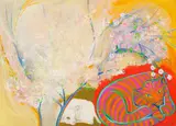 Marcella de Boom, Cat, Lamb and Blossoms, 1985, oil on board