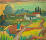 Maggie Laubser, Landscape with Houses and a Figure, oil on canvas laid down on board