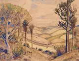 Zululand Landscape with uMgungundlovu in the Distance by Jacobus Hendrik Pierneef, watercolour and charcoal on paper laid down on board, sold Mar 2026