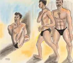 Peter Clarke, The Contortionists, 1970, ink and pastel on paper