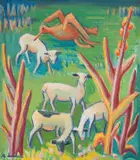 Maggie Laubser, A Bird and Lambs in an Extensive Landscape, oil on canvas laid down on board