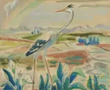 Maggie Laubser, Bird and Arums in a Landscape, watercolour and pencil on paper laid down on board