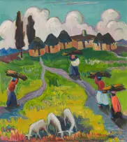 Maggie Laubser, Landscape with Huts, Trees, Clouds, Wood Carriers and Sheep, oil on canvas laid down on board