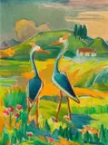 Maggie Laubser, Two Cranes, 1971, oil on canvas laid down on board