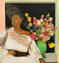 Ayanda Mabulu, Woman with Flowers, 2025, oil on canvas with found objects and gold leaf