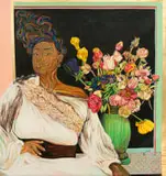 Ayanda Mabulu, Woman with Flowers, 2025, oil on canvas with found objects and gold leaf