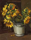 Adriaan Boshoff, Sunflowers in a Bucket, oil on canvas laid down on board