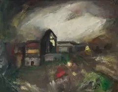 Pranas Domšaitis, Stormy Landscape with Buildings, oil on board