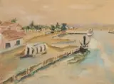 Maud Sumner, A Harbour, 1933, watercolour and ink on paper laid down on board