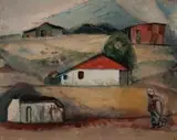 Pranas Domšaitis, Village Scene, oil on board