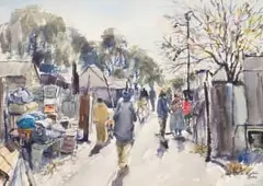 Durant Sihlali, Township Street Scene, 1993, watercolour on paper