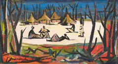 Maurice van Essche, Figures in a Kraal, oil on board