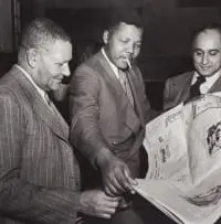 Jürgen Schadeberg, Johannesburg 1952, ANC President J.S. Moroka, Nelson Mandela and Yusuf Dadoo, 1952, silver gelatin print on paper