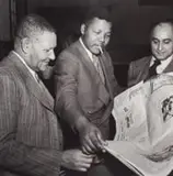 Jürgen Schadeberg, Johannesburg 1952, ANC President J.S. Moroka, Nelson Mandela and Yusuf Dadoo, 1952, silver gelatin print on paper