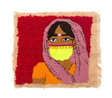 Talia Ramkilawan, Untitled I, 2016, ribbon, polyester and acrylic yarn on hessian