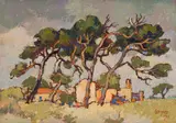 Gregoire Boonzaier, Windewaaide Bome en Huisie (Windswept Trees and House), 1982, oil on canvas