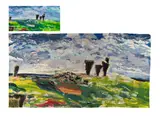 Andrew Verster, Tapestry of Landscape with Trees and Bushes; Cartoon for Tapestry of Landscape with Trees and Bushes, two, 1985, (1) hand-woven mohair tapestry; (2) collage on paper