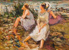 Adriaan Boshoff, Ladies at the Pond, oil on canvas laid down on board