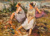 Adriaan Boshoff, Ladies at the Pond, oil on canvas laid down on board