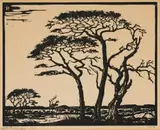 Jacobus Hendrik Pierneef, Kameeldorings, Springbokvlakte (Camelthorns, Springbok Plains) (Nilant 95), 1922, linocut on paper laid down on board