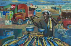 Willie Bester, Fish Market, 1990, mixed media on board