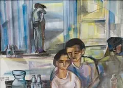 Peter Clarke, Friday Night, 1972, gouache on paper laid down on board