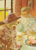 Marjorie Wallace, Tea with Tante Sannie (Tea with Aunt Sannie), oil on paper laid down on board