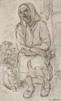 May Hillhouse, Seated Woman Wearing a Headscarf, charcoal and pen on paper
