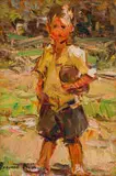 Adriaan Boshoff, Boy with a Rugby Ball, oil on canvas laid down on board