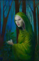 Woman in a Green Cloak with Dove by Catharina de Bliquy, 2003, oil on board, offered Sep 2025
