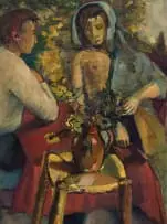 Seated Couple with Jug of Flowers by Maud Sumner, oil on canvas, offered Sep 2025