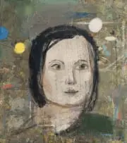 Simon Stone, Portrait of a Girl, oil on found fabric laid down on panel