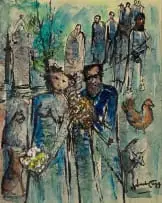 Jack Lugg, Country Wedding, watercolour and oil on paper laid down on board