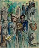 Jack Lugg, Country Wedding, watercolour and oil on paper laid down on board