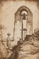William Timlin, Mission Bell, Bechuanaland, etching on paper laid down on board