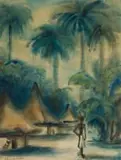 Maurice van Essche, Water Carrier with Palm Trees Beyond, watercolour on paper laid down on board