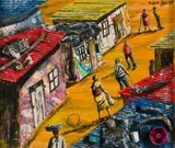 Dumisani Sibisi, Township Scene, 1995, mixed media and found objects on canvas