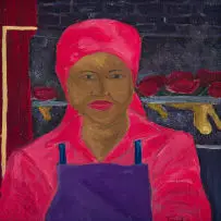 Meshack 'Shakes' Tembani, Portrait of a Woman in Interior, acrylic on wood